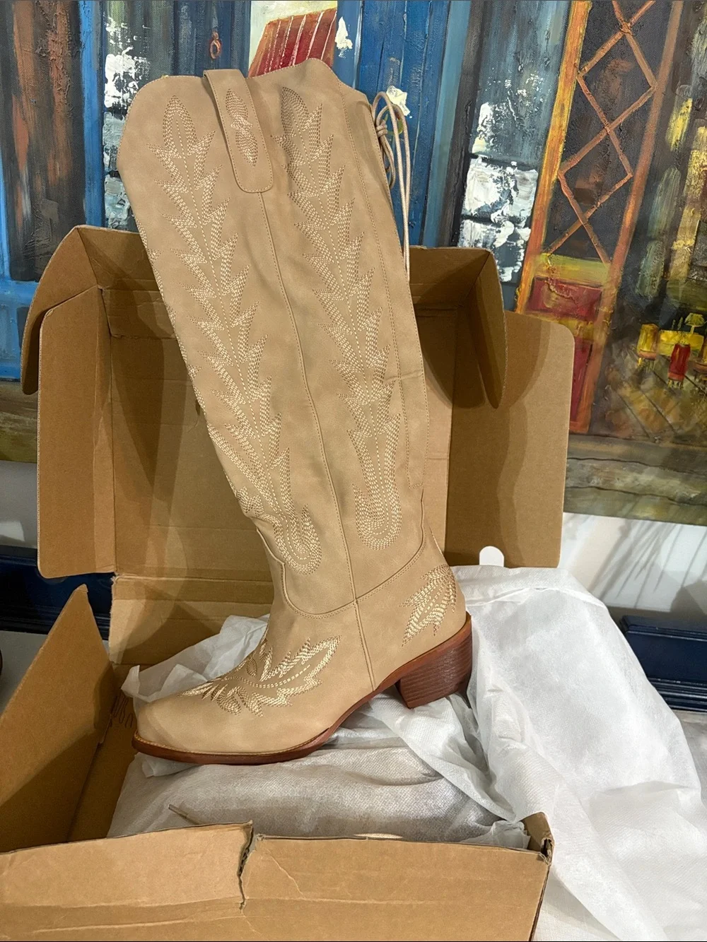 Women’s Beige Embroidered Knee-High Western Boot NIB Size 8.5